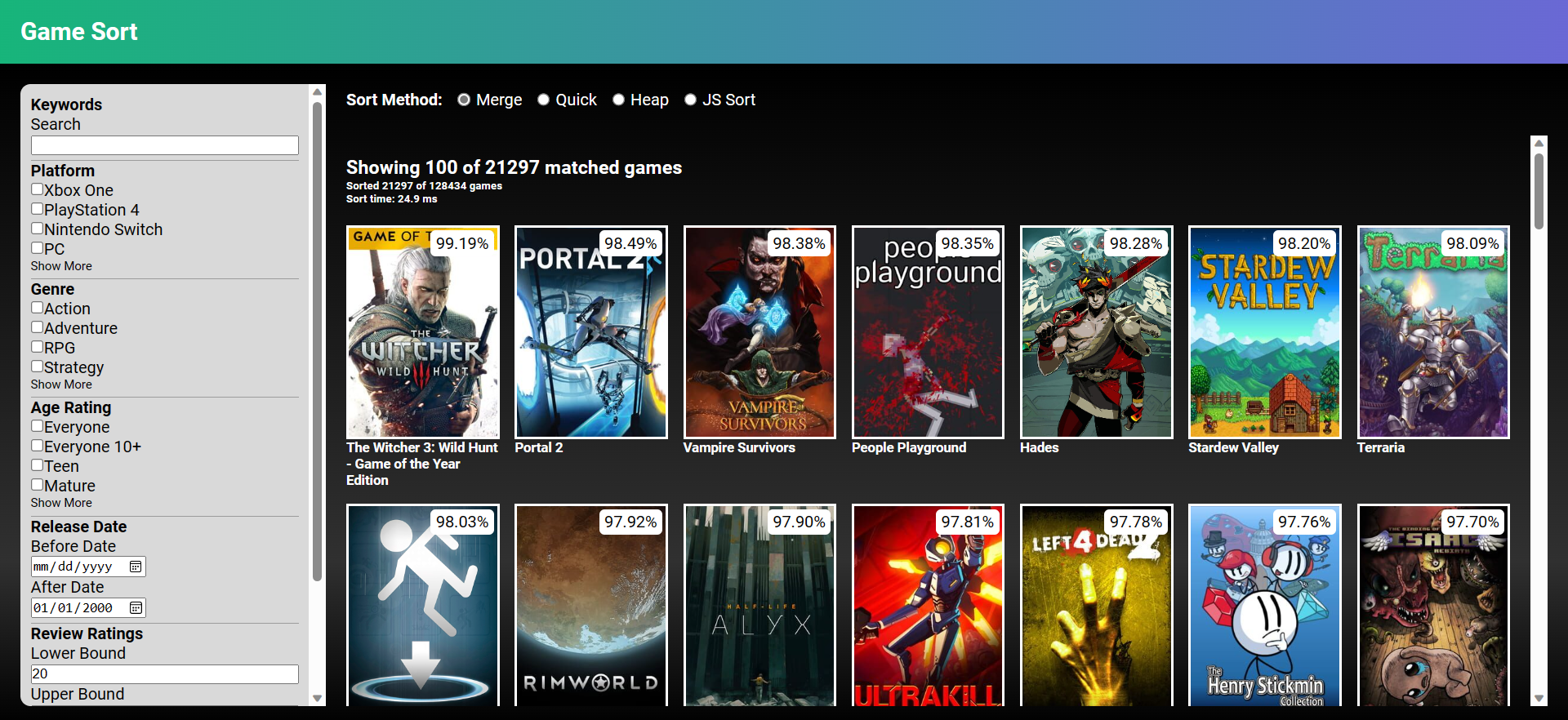 Screenshot featuring a search pane and a grid of several games