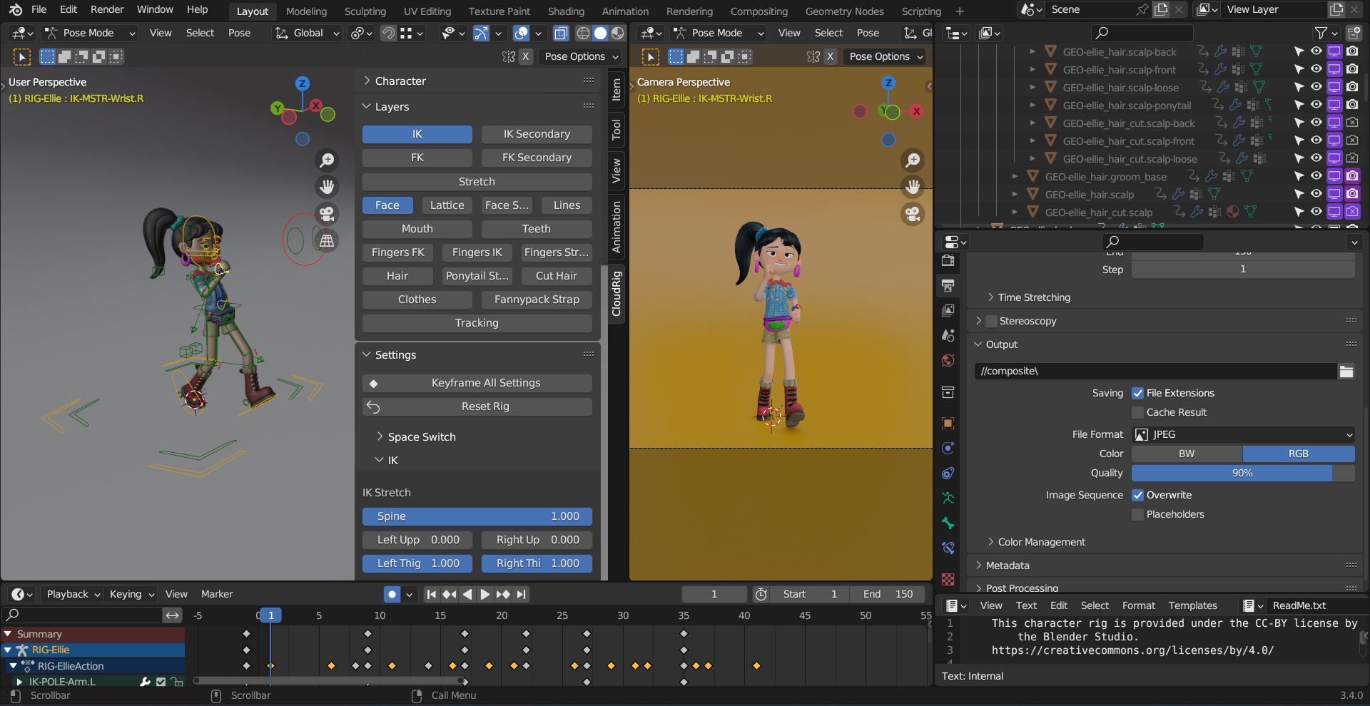 Screenshot of a Blender project featuring a character rig and walk cycle.