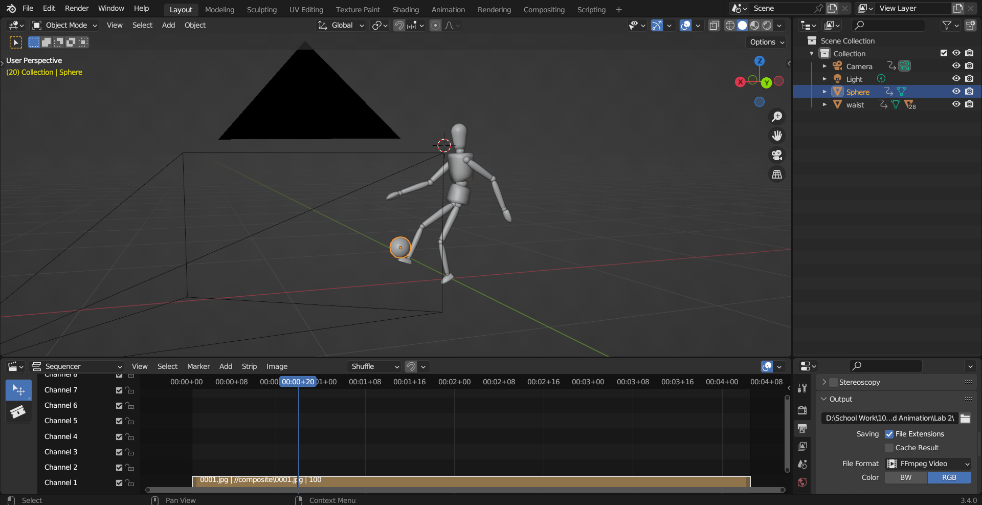 Screenshot of a Blender project featuring a wooden doll and a ball