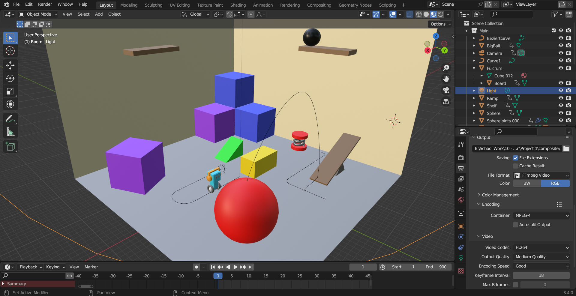 Screenshot of a Blender project featuring a robot and various blocks in a room.