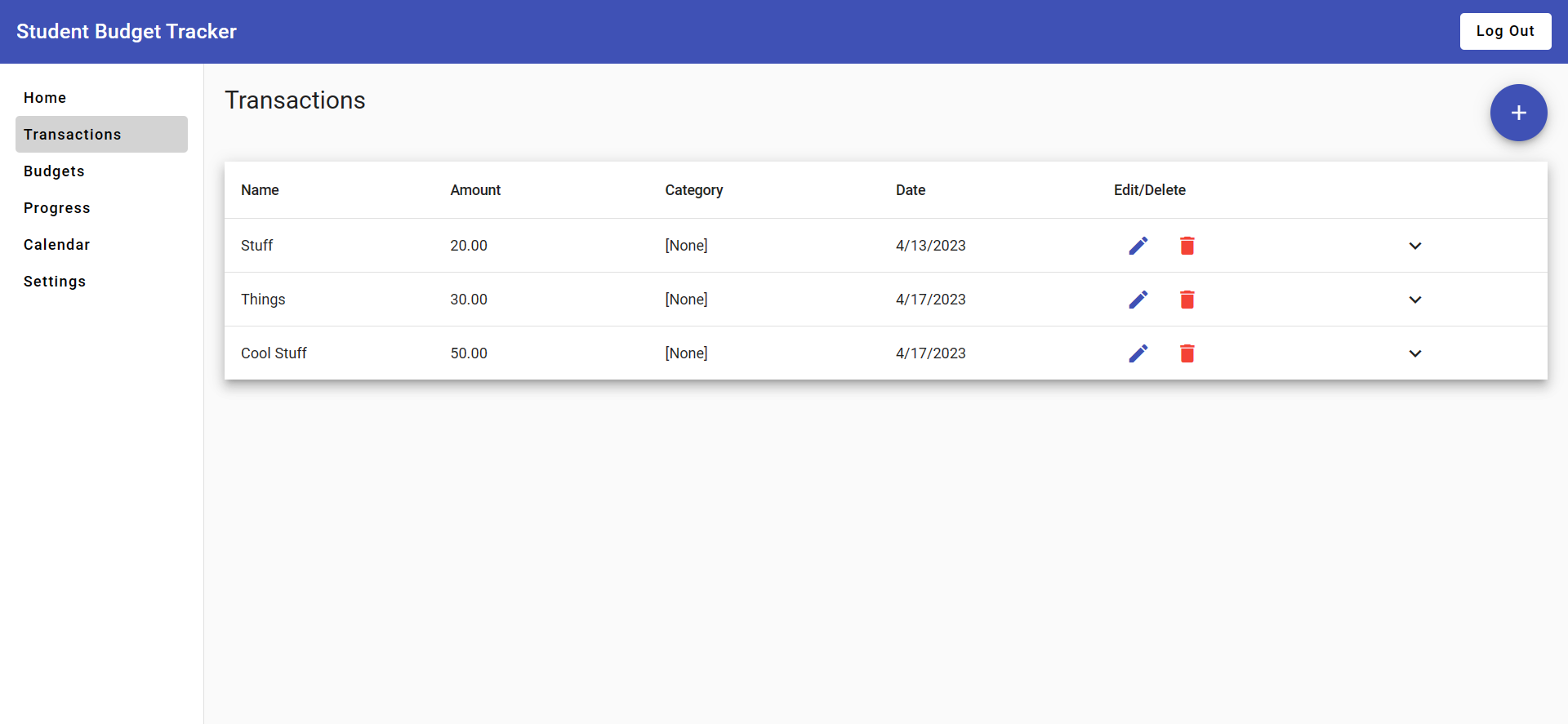 Screenshot of the dashboard featuring a table of transations.