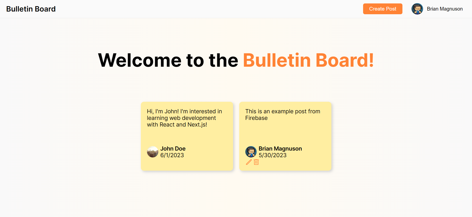 Screenshot of the home page featuring a welcome message and two posts.