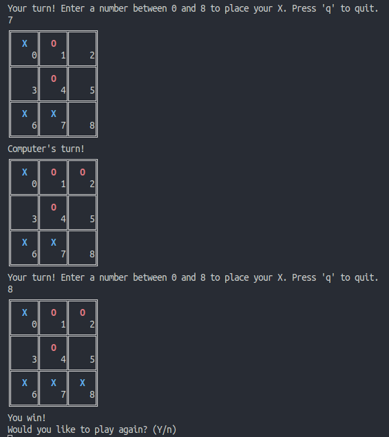 A console window showing a Tic-Tac-Toe game in progress.