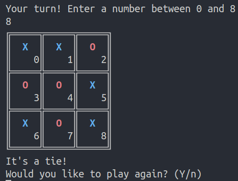 A console window showing a Tic-Tac-Toe game ending in a tie.