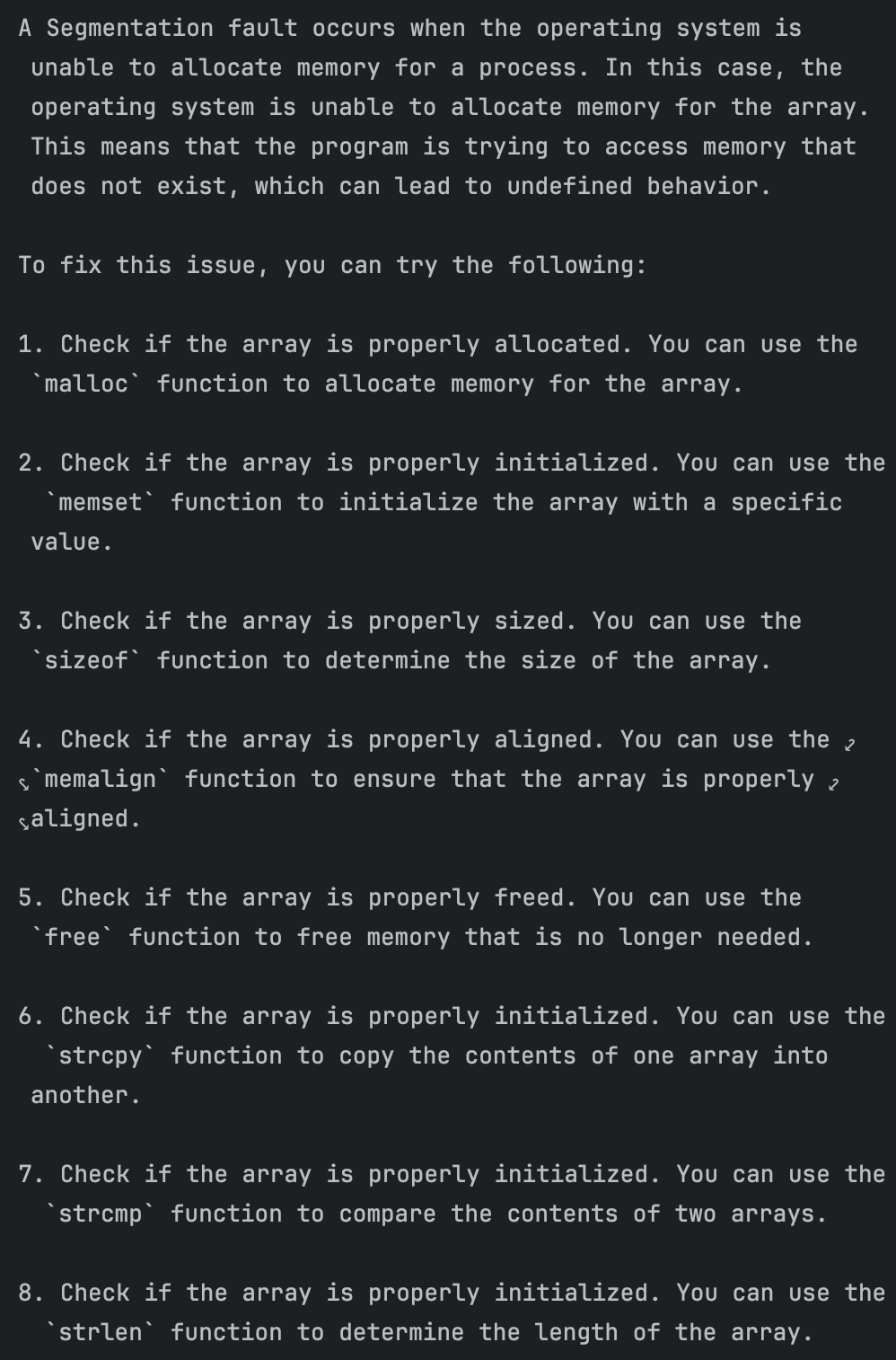 Text from the debug assistant, describing what a segmentation fault is and ways to fix it.