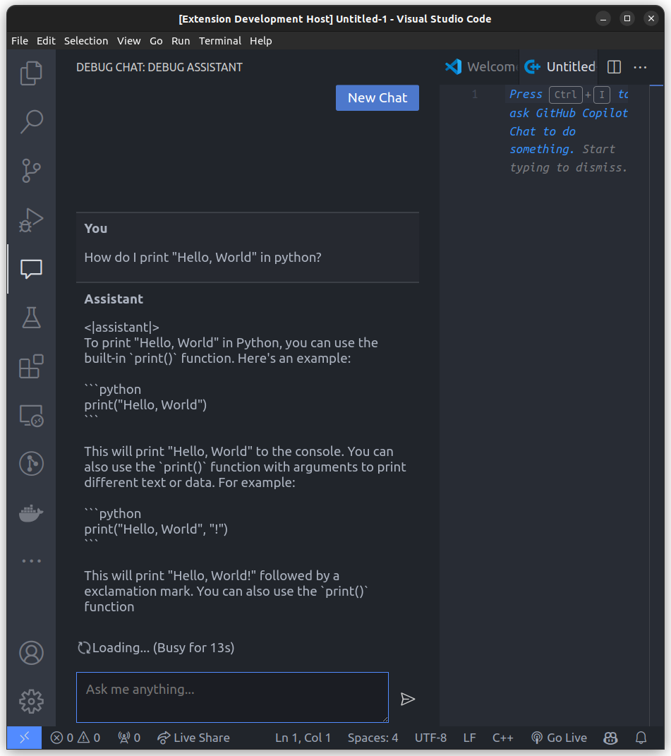A chat window in VS Code showing the user asking a question about Python.