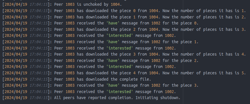 A log file showing a peer sending and receiving messages and pieces from other peers.