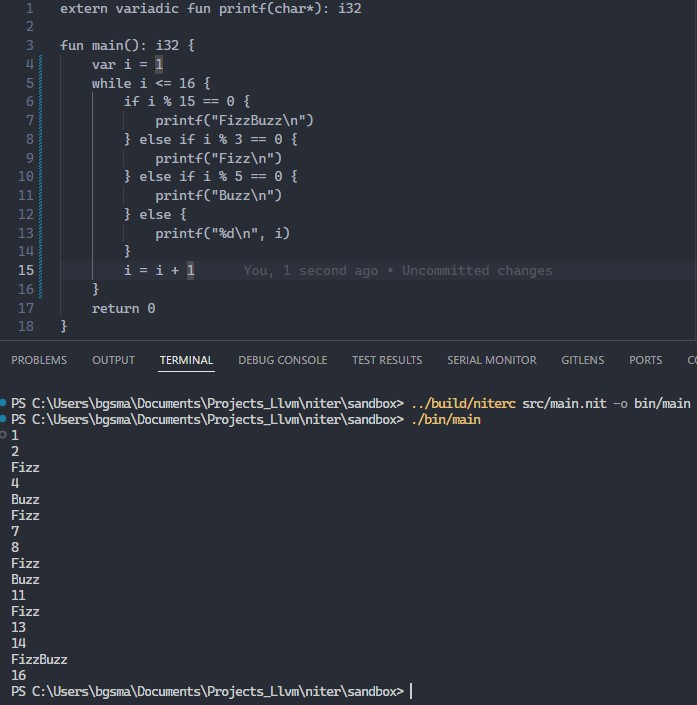 Code for a Niter "FizzBuzz" program and its console output.