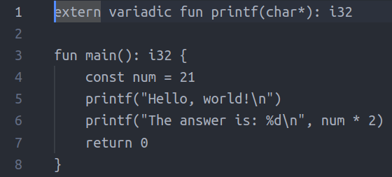 Code for a Niter program that prints "Hello, World!" and the number 42.