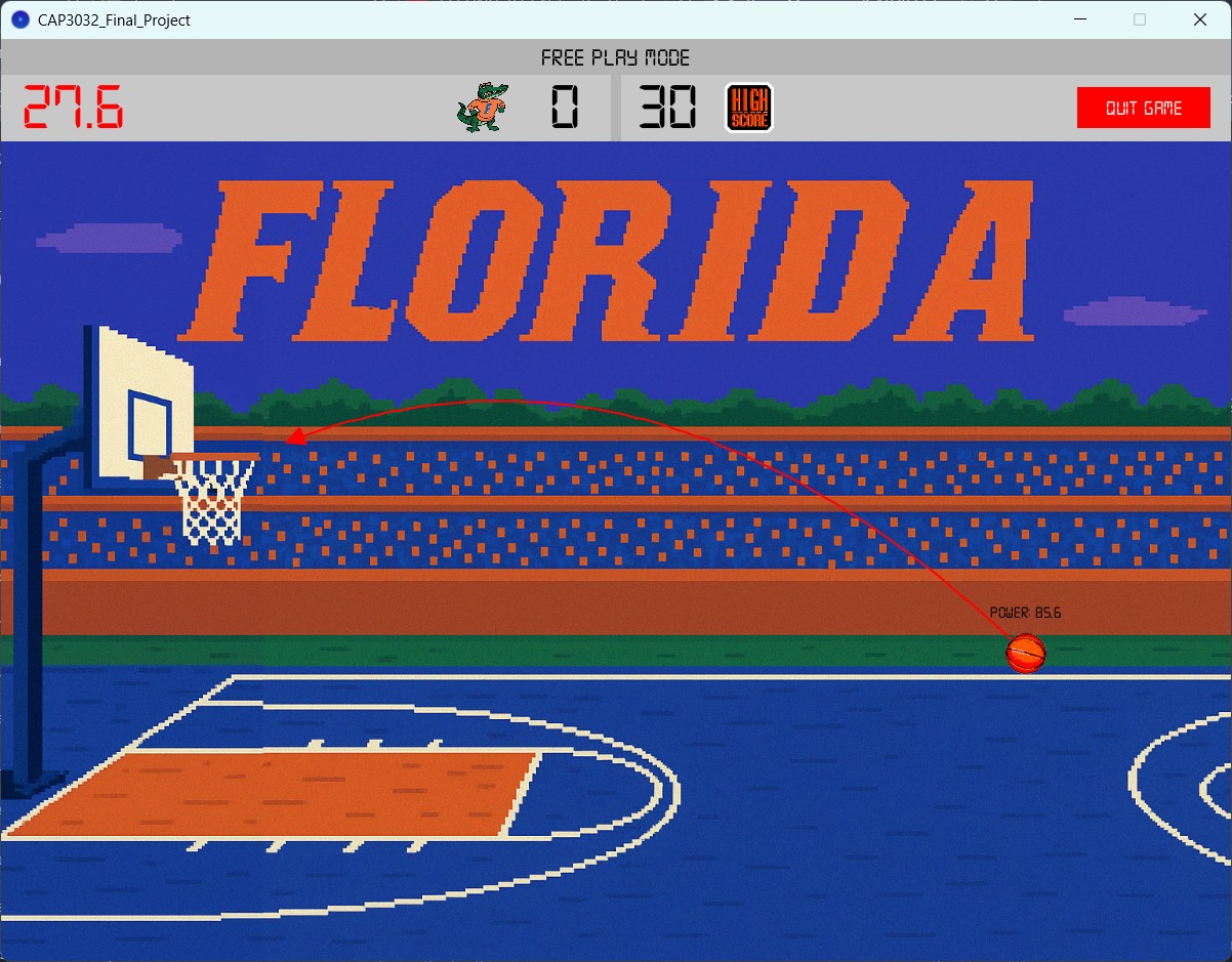 The main scene of the game with a basketball, launch arc, and hoop.