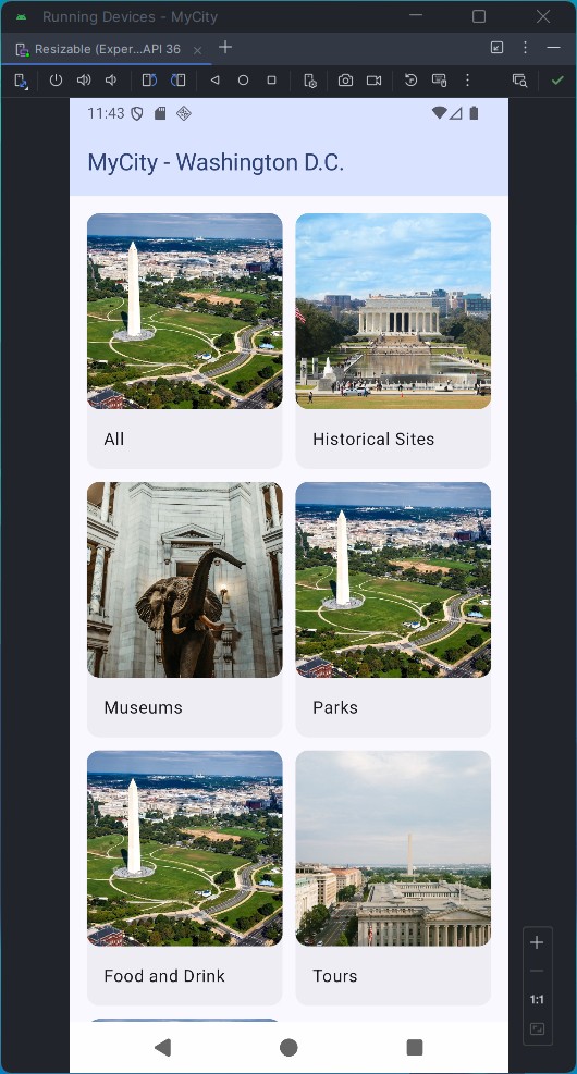 My City app list of location categories with pictures.