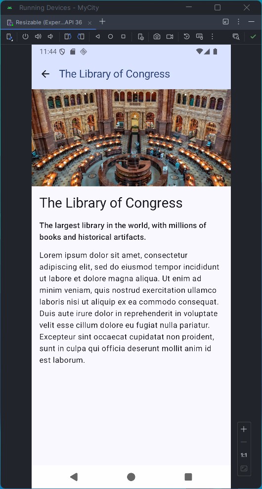 My City place screen with information about the Library of Congress.